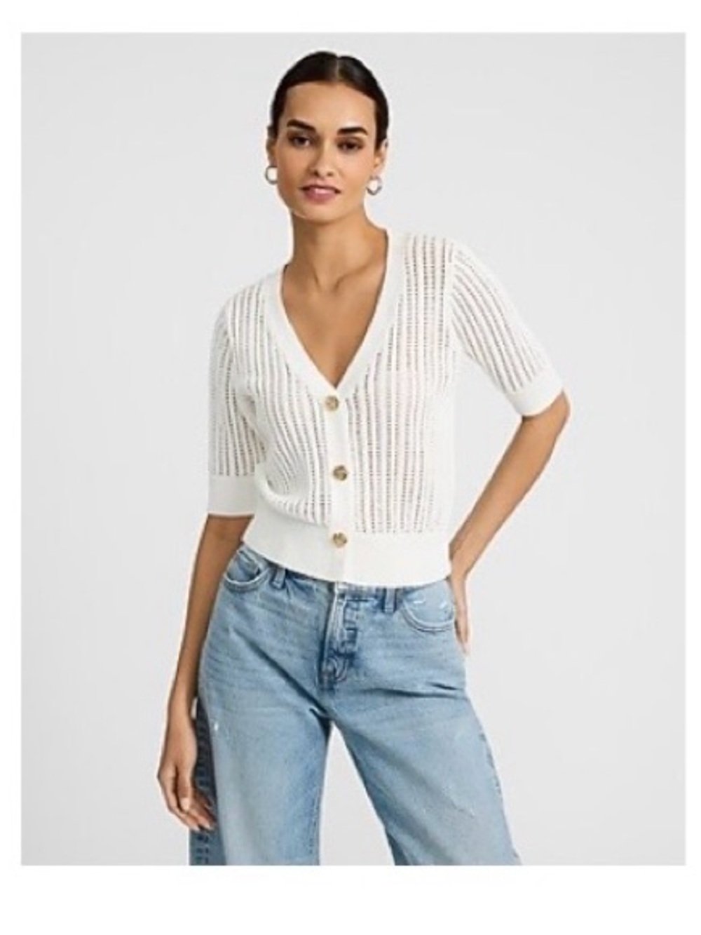 Express - Open Stitch Short Sleeve Cardigan with Gold Rose Buttons- White